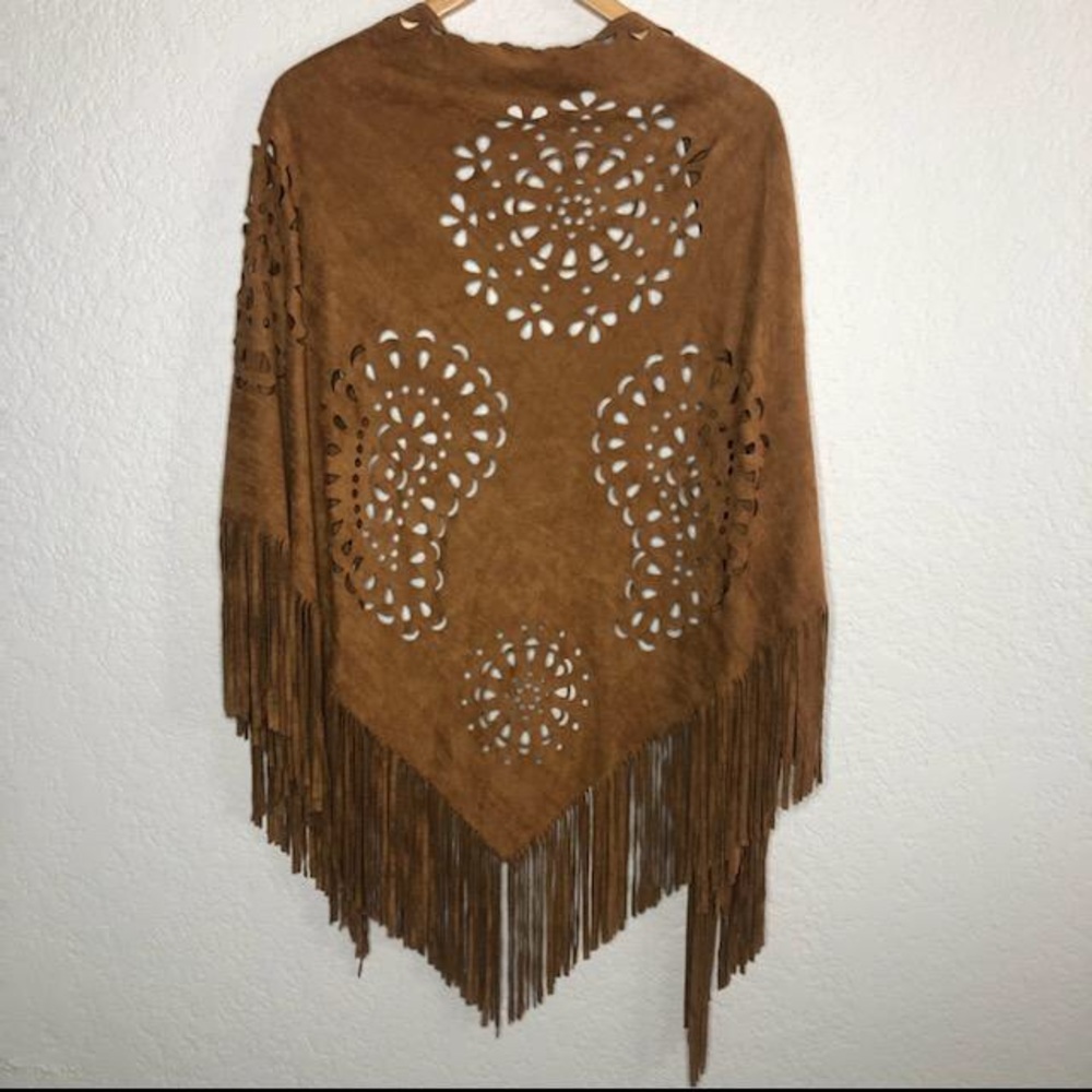 Brown Lazer Cut Faux Fringe Suede Wrap Shawl